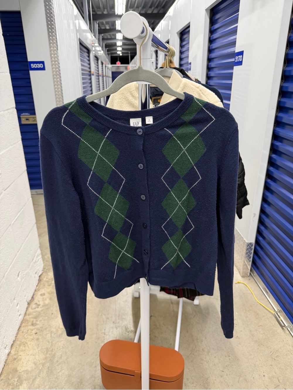 GAP Navy Button-Up Argyle Cardigan with Green Accents